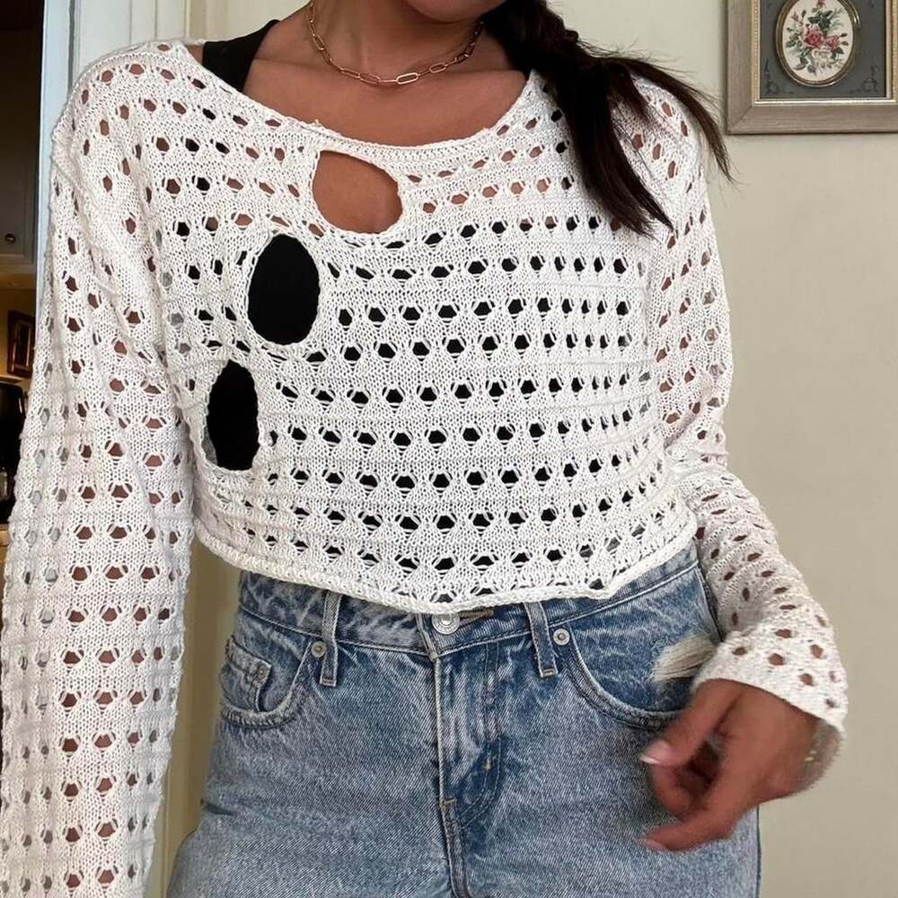 White Open-Knit Crochet Distressed Long Sleeve Crop Top